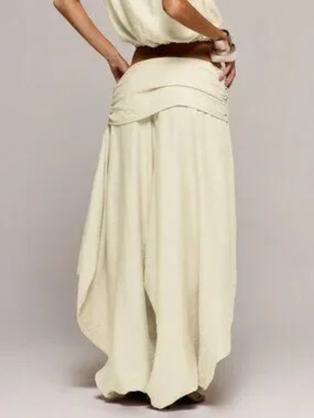 Cream Elegant Women's Low Rise Textured Wide Leg Trousers